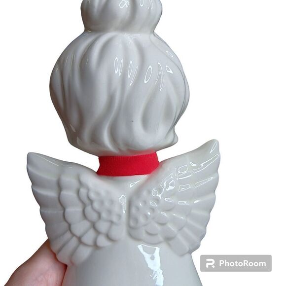 VTG Christmas Angel Topper MCM 7.5" Figure Singing Choir Ceramic Red Gold Bow - Picture 5 of 8